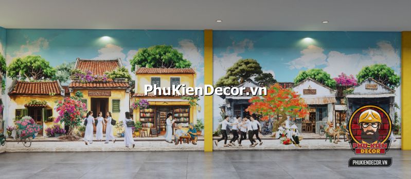 Tranh dán tường thiết kế theo phong cách Hà Nội Tranh dán tường Đường Phố Hà Nội buổi bình minh, xe đạp trên vỉa hè rợp bóng cây, không gian yên bình mang tính thiền.