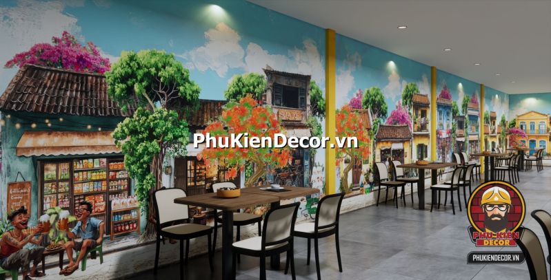 Tranh dán tường thiết kế theo phong cách Hà Nội Tranh dán tường Đường Phố Hà Nội buổi bình minh, xe đạp trên vỉa hè rợp bóng cây, không gian yên bình mang tính thiền.