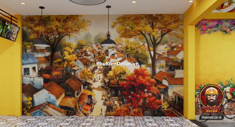 Tranh dán tường 3D tổng thế toàn cảnh Hà Nội Tranh tổng thể toàn cảnh Hà Nội xưa nhìn từ trên cao, bao gồm hồ Gươm, cầu Long Biên và phố cổ, dùng cho sảnh lớn nhà hàng.