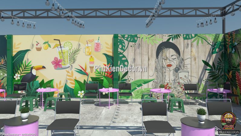 Mẫu dán tường 3D tiệm Kem phong cách tropical Nhiệt đới trang trí