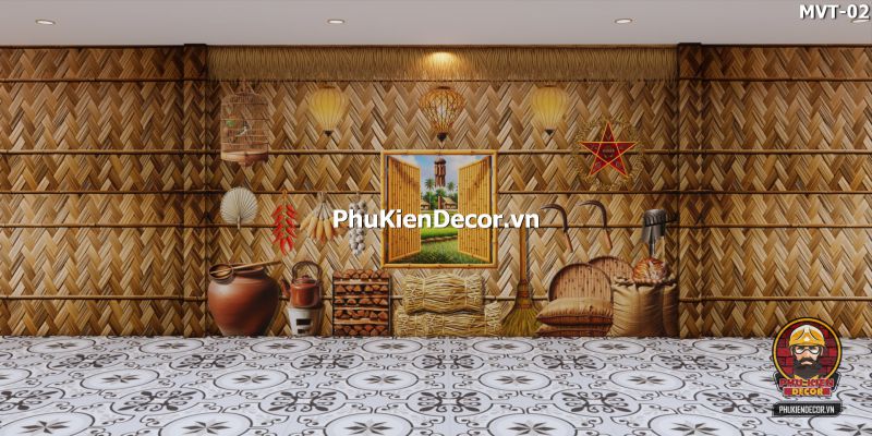 Trang trí quán ăn truyền thống với tranh tre vàng Trang trí quán ăn truyền thống với tranh tre vàng