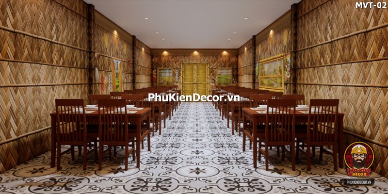 Trang trí quán ăn truyền thống với tranh tre vàng Trang trí quán ăn truyền thống với tranh tre vàng