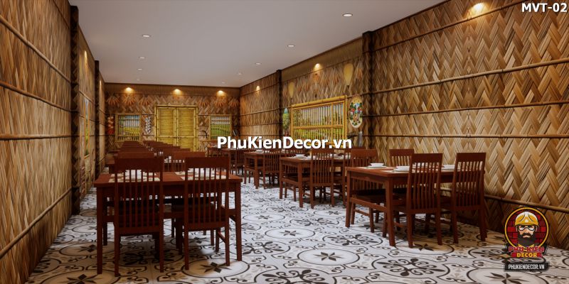 Mẫu thiết kế quán ăn dân dã với tranh tre nứa lá Mẫu thiết kế quán ăn dân dã với tranh tre nứa lá