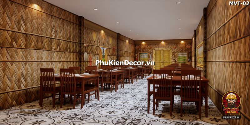 Trang trí quán ăn truyền thống với tranh tre vàng Trang trí quán ăn truyền thống với tranh tre vàng