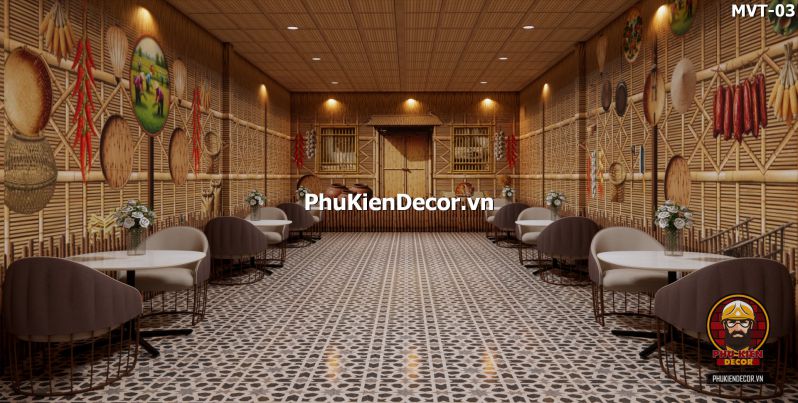 Tranh dán tường 3D tre vàng trang trí quán ăn, nhà hàng Tranh dán tường 3D tre vàng trang trí quán ăn, nhà hàng