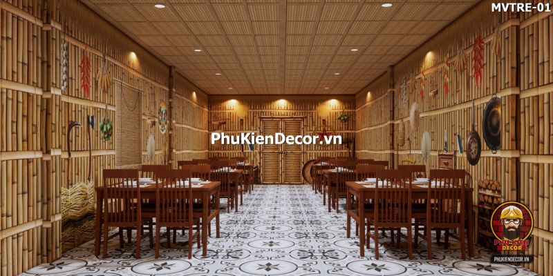 Mẫu thiết kế quán ăn dân dã với tranh tre nứa lá Mẫu thiết kế quán ăn dân dã với tranh tre nứa lá