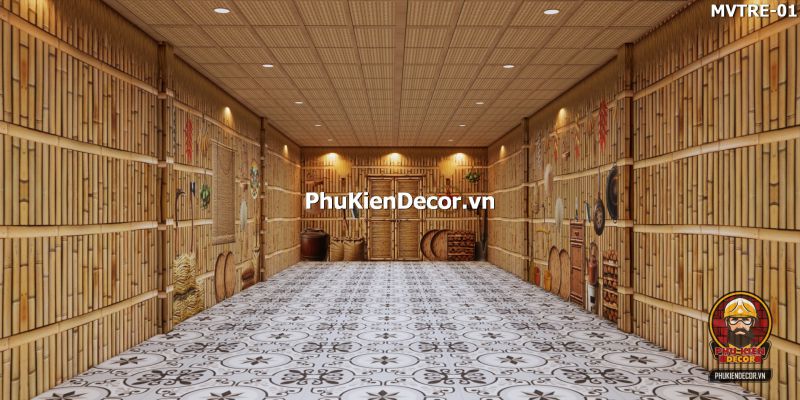 Tranh dán tường 3D tre vàng dùng cho quán ăn Tranh dán tường 3D tre vàng dùng cho quán ăn