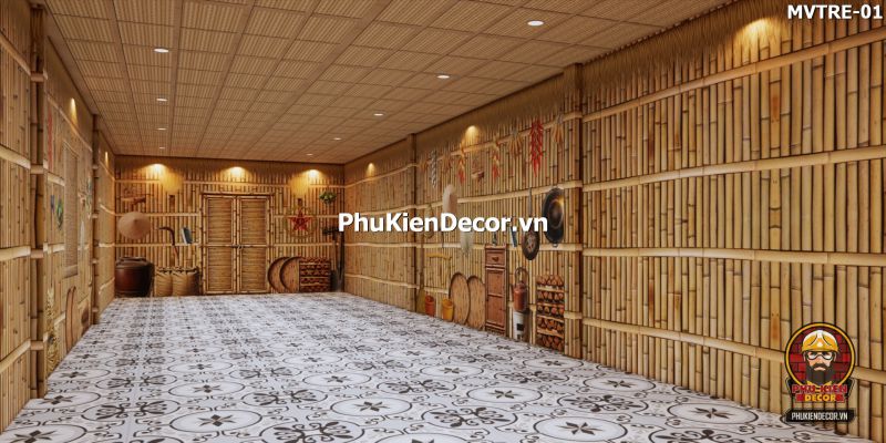 Tranh dán tường 3D tre vàng dùng cho quán ăn Tranh dán tường 3D tre vàng dùng cho quán ăn
