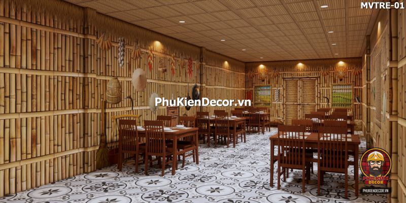 Mẫu thiết kế quán ăn dân dã với tranh tre nứa lá Mẫu thiết kế quán ăn dân dã với tranh tre nứa lá