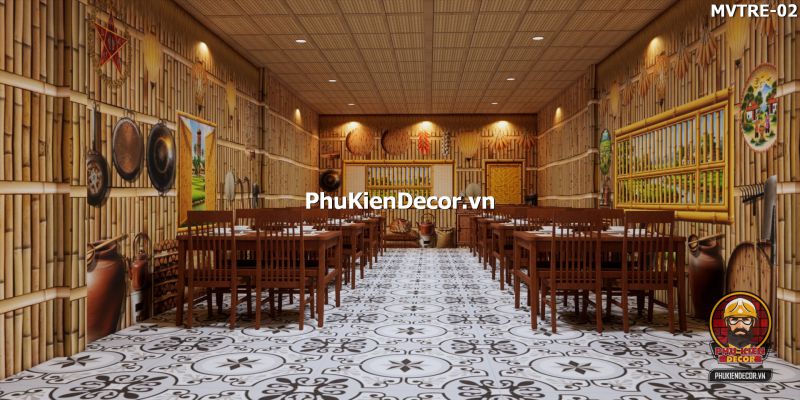Mẫu thiết kế quán ăn dân dã với tranh tre nứa lá Mẫu thiết kế quán ăn dân dã với tranh tre nứa lá