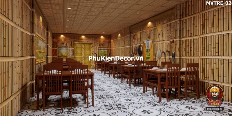 Mẫu thiết kế quán ăn dân dã với tranh tre nứa lá Mẫu thiết kế quán ăn dân dã với tranh tre nứa lá
