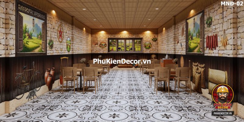 Mẫu thiết kế quán ăn dân dã sử dụng tranh dán tường vách đất đá Mẫu thiết kế quán ăn dân dã sử dụng tranh dán tường vách đất đá