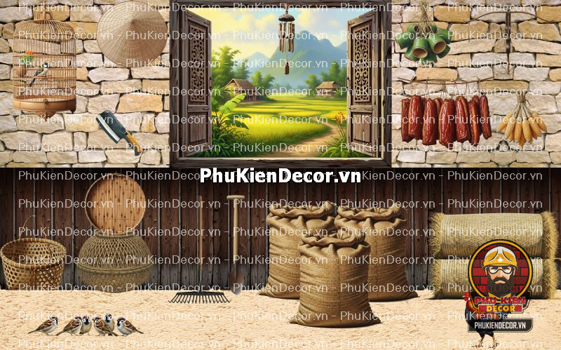 Mẫu thiết kế quán ăn dân dã sử dụng tranh dán tường vách đất đá Mẫu thiết kế quán ăn dân dã sử dụng tranh dán tường vách đất đá