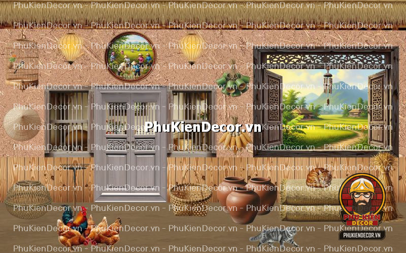 Setup quán ăn đồng quê với tranhdán tường vách đất đá Setup quán ăn đồng quê với tranhdán tường vách đất đá