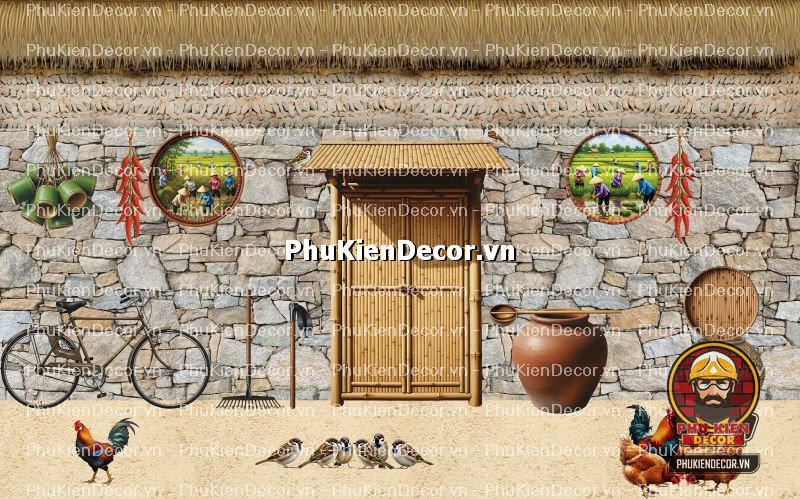 Mẫu thiết kế quán ăn dân dã sử dụng tranh dán tường vách đất đá Mẫu thiết kế quán ăn dân dã sử dụng tranh dán tường vách đất đá