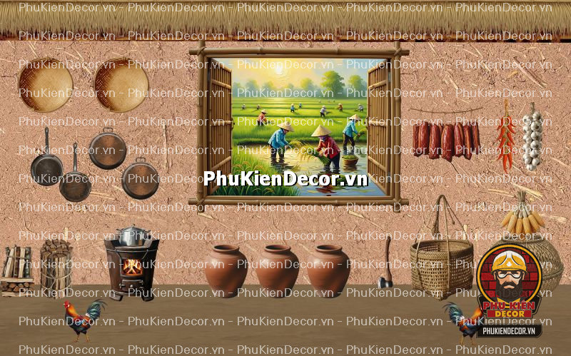 Mẫu thiết kế quán ăn dân dã sử dụng tranh dán tường vách đất đá Mẫu thiết kế quán ăn dân dã sử dụng tranh dán tường vách đất đá