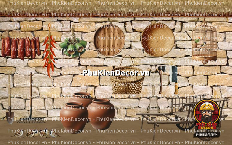 Mẫu thiết kế quán ăn dân dã sử dụng tranh dán tường vách đất đá Mẫu thiết kế quán ăn dân dã sử dụng tranh dán tường vách đất đá