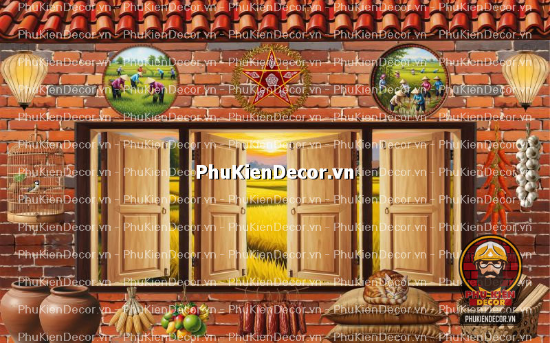 Mẫu thiết kế quán ăn dân dã sử dụng tranh dán tường vách đất đá Mẫu thiết kế quán ăn dân dã sử dụng tranh dán tường vách đất đá