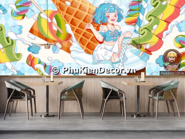 Mẫu tranh decal dán tường 3d tiệm kem - Tone Xanh Dương Mẫu tranh decal dán tường 3d tiệm kem - Tone Xanh Dương
