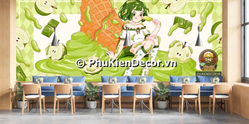 Mẫu tranh decal dán tường 3d tiệm kem - Tone Xanh lá cây Mẫu tranh decal dán tường 3d tiệm kem - Tone Xanh lá cây