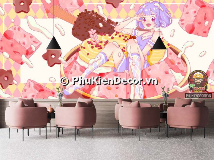 Tranh decal dán tường 3d tiệm kem đẹp hình Cô Gái Tranh decal dán tường 3d tiệm kem đẹp hình Cô Gái