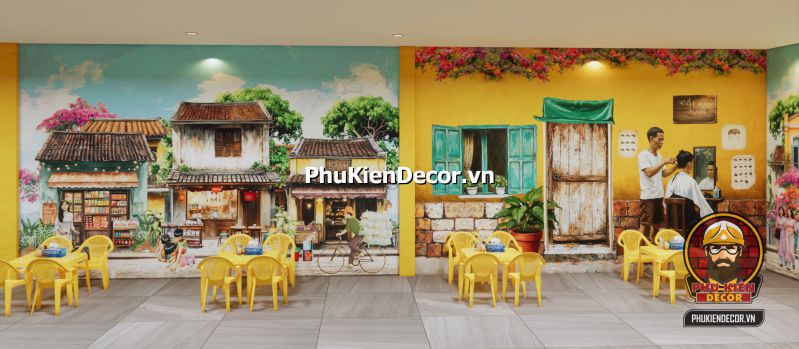 Tranh gánh hàng rong Hà Nội Tranh gánh hàng rong Hà Nội mô tả người phụ nữ với đôi quang gánh, phù hợp trang trí các quán ăn phong cách xưa.