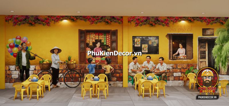 Tranh gánh hàng rong Hà Nội xưa Tranh gánh hàng rong Hà Nội mô tả người phụ nữ với đôi quang gánh, phù hợp trang trí các quán ăn phong cách xưa.