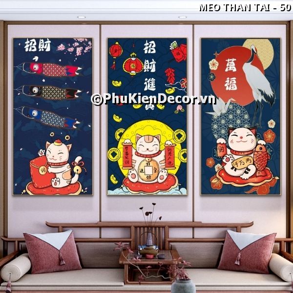 Tranh treo tường quán ăn - nhà hàng Nhật Bản chủ đề mèo thần tài vẫy tay dễ thương, mang tài lộc