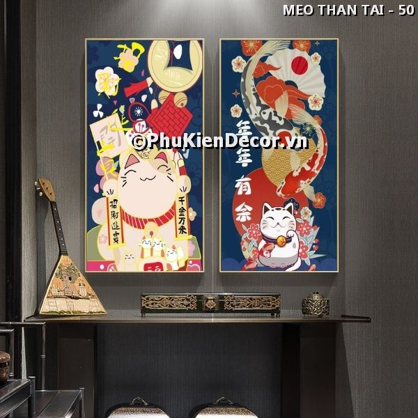 Tranh treo tường quán ăn - nhà hàng Nhật Bản chủ đề mèo thần tài vẫy tay dễ thương, mang tài lộc