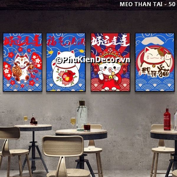 Tranh treo tường quán ăn - nhà hàng Nhật Bản chủ đề mèo thần tài vẫy tay dễ thương, mang tài lộc