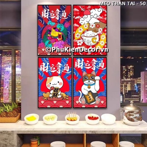 Tranh treo tường quán ăn - nhà hàng Nhật Bản chủ đề mèo thần tài vẫy tay dễ thương, mang tài lộc