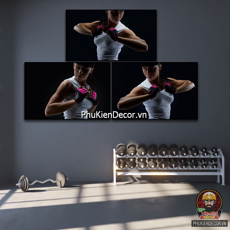 Bộ tranh phòng gym treo tường kết hợp với những động tác yoga, boxing Bộ tranh phòng gym treo tường kết hợp với những động tác yoga, boxing