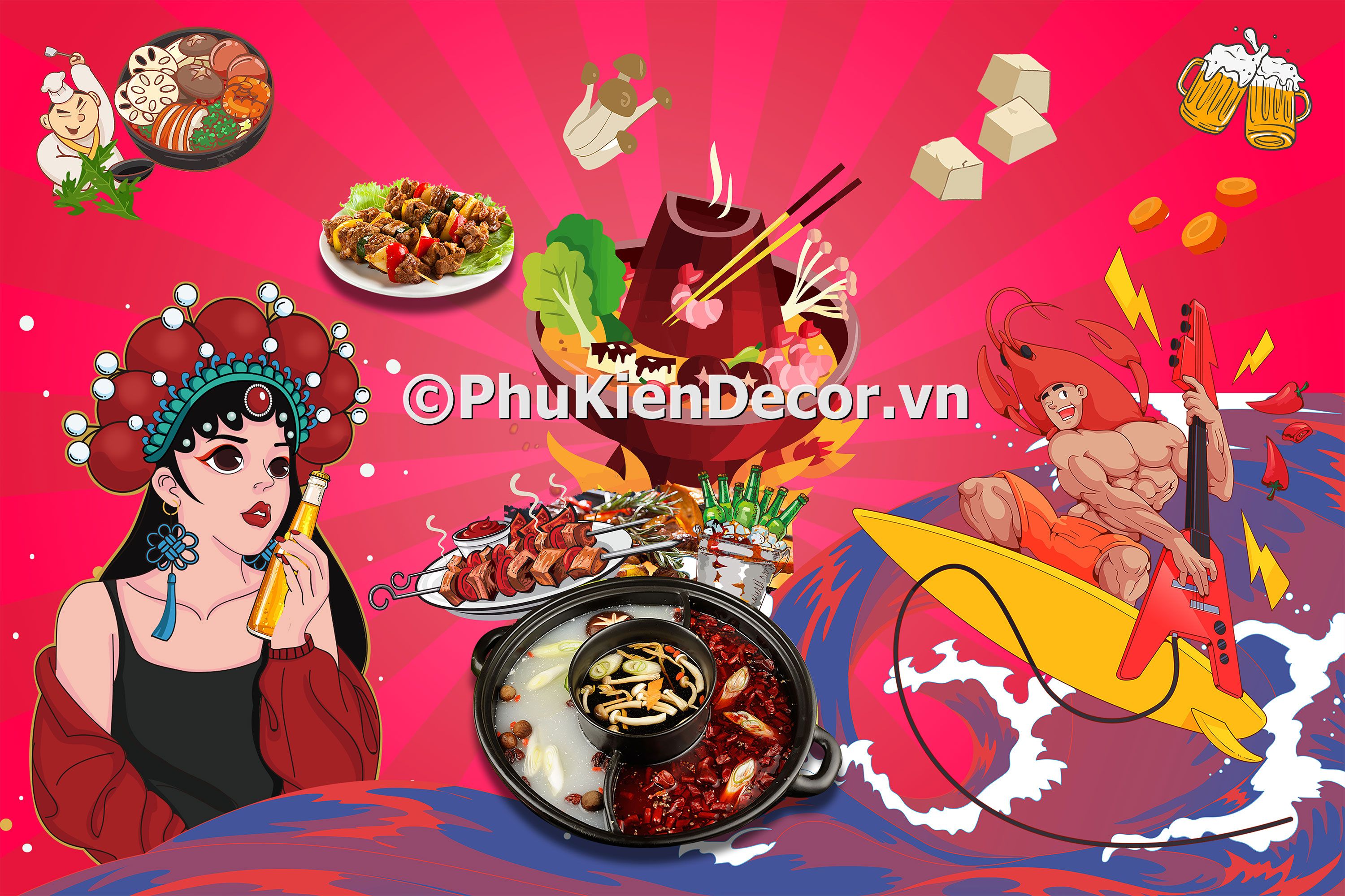 Tranh quán lẩu phong cách kinh kịch và nghệ thuật đương đại Trung Quốc đẹp, độc đáo Tranh quán lẩu phong cách kinh kịch và nghệ thuật đương đại Trung Quốc đẹp, độc đáo