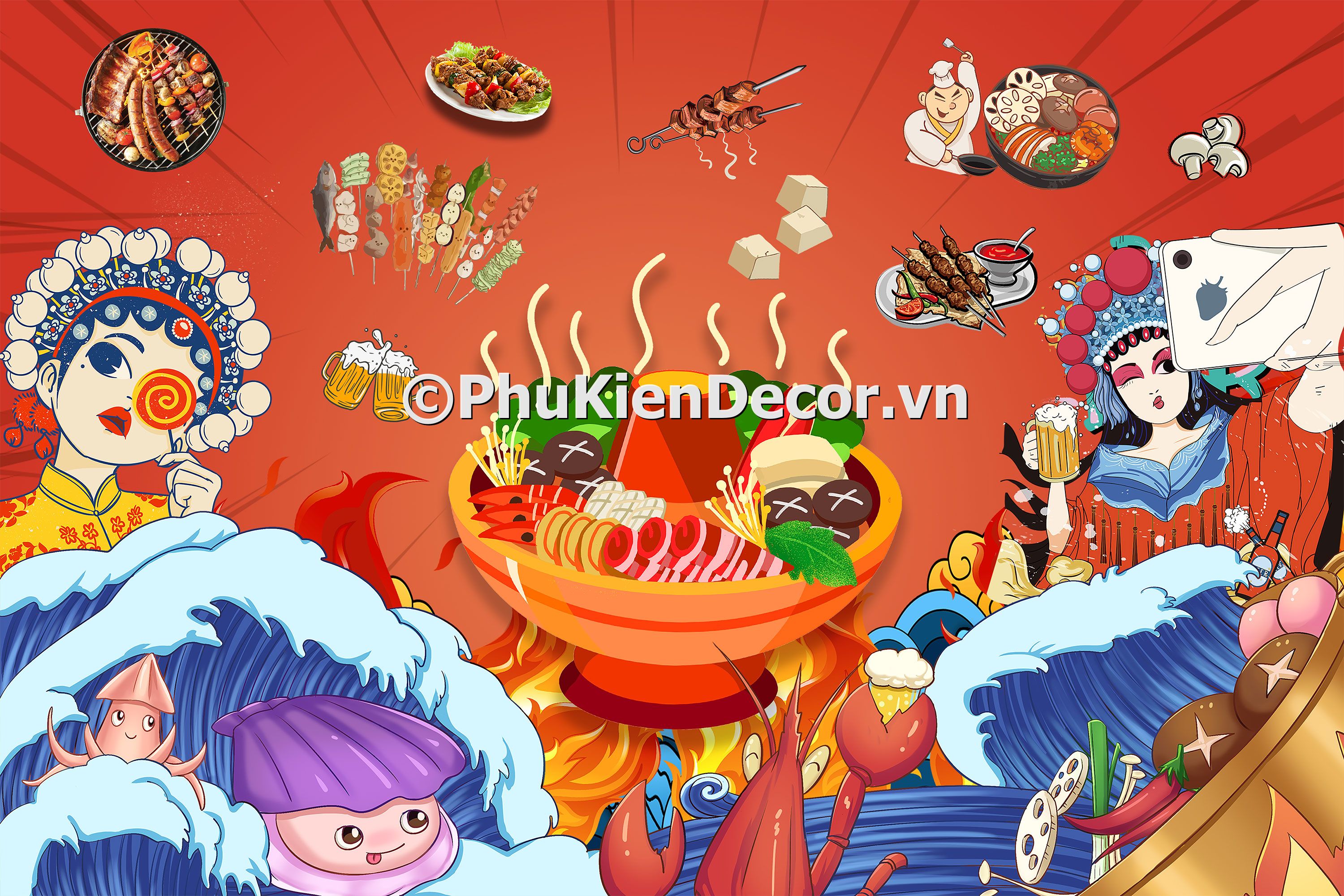 Tranh quán lẩu phong cách kinh kịch và nghệ thuật đương đại Trung Quốc đẹp, độc đáo Tranh quán lẩu phong cách kinh kịch và nghệ thuật đương đại Trung Quốc đẹp, độc đáo