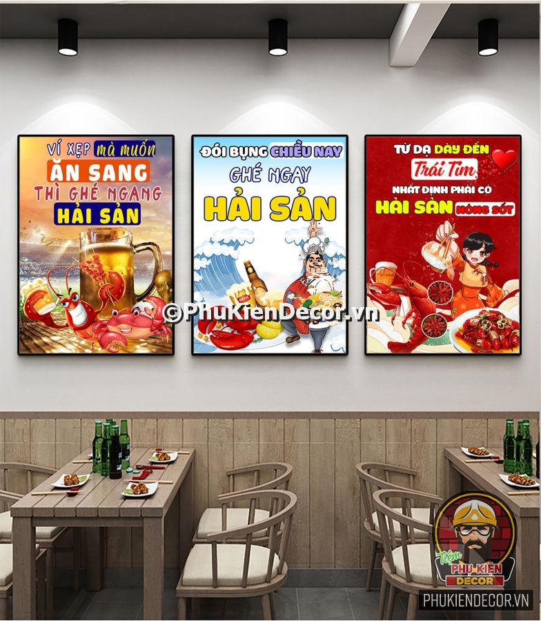 Tranh slogan vui nhộn trang trí quán lẩu nướng hải sản