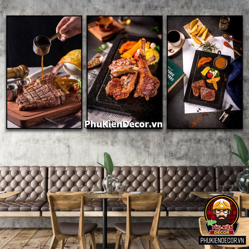 Tranh treo tường bộ 3 bức trang trí quán bò bít tết - bò nướng BBQ thơm ngon, lôi cuốn khách hàng trải nghiệm Tranh treo tường bộ 3 bức trang trí quán bò bít tết - bò nướng BBQ thơm ngon, lôi cuốn khách hàng trải nghiệm