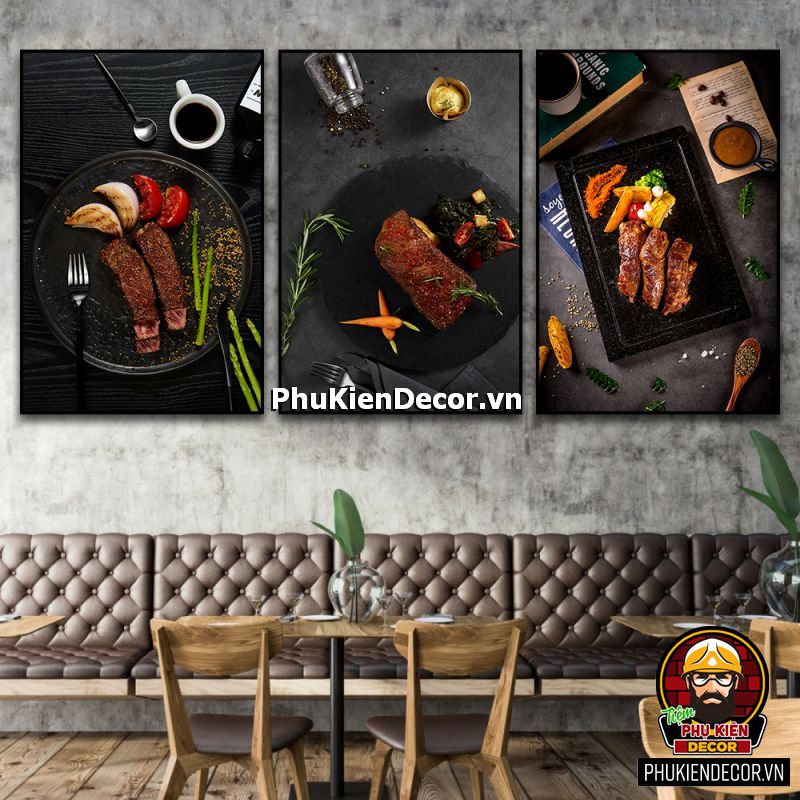 Tranh treo tường bộ 3 bức trang trí quán bò bít tết - bò nướng BBQ thơm ngon, lôi cuốn khách hàng trải nghiệm Tranh treo tường bộ 3 bức trang trí quán bò bít tết - bò nướng BBQ thơm ngon, lôi cuốn khách hàng trải nghiệm