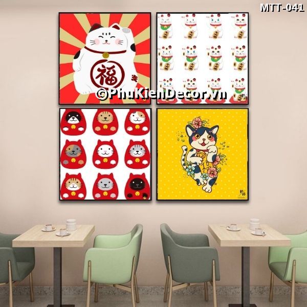 Tranh treo tường kiểu Nhật Bản hình ảnh những chú mèo thần tài dễ thương, mang tài lộc