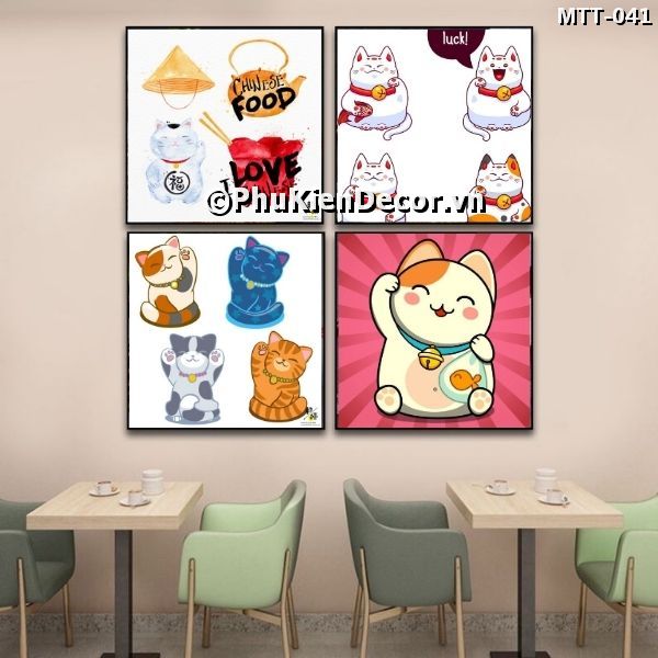 Tranh treo tường kiểu Nhật Bản hình ảnh những chú mèo thần tài dễ thương, mang tài lộc