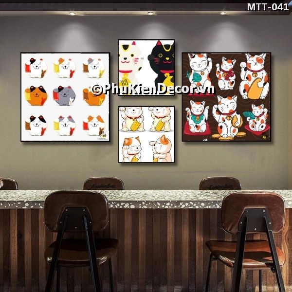 Tranh treo tường kiểu Nhật Bản hình ảnh những chú mèo thần tài dễ thương, mang tài lộc