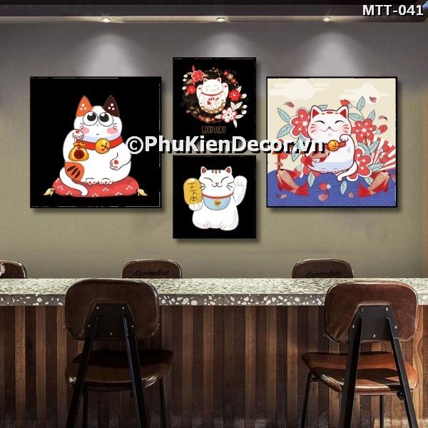Tranh treo tường quán ăn - nhà hàng Nhật Bản chủ đề mèo thần tài vẫy tay dễ thương, mang tài lộc