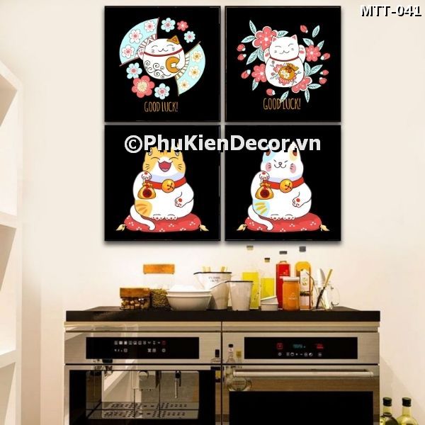 Tranh treo tường quán ăn - nhà hàng Nhật Bản chủ đề mèo thần tài vẫy tay dễ thương, mang tài lộc