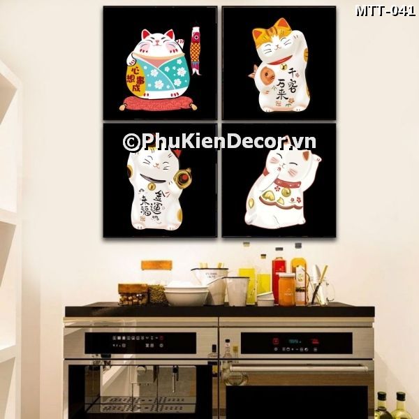 Tranh treo tường quán ăn - nhà hàng Nhật Bản chủ đề mèo thần tài vẫy tay dễ thương, mang tài lộc
