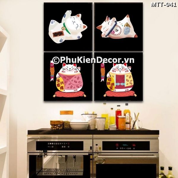 Tranh treo tường quán ăn - nhà hàng Nhật Bản chủ đề mèo thần tài vẫy tay dễ thương, mang tài lộc