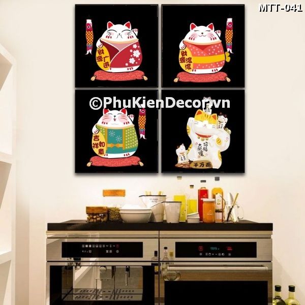 Tranh treo tường quán ăn - nhà hàng Nhật Bản chủ đề mèo thần tài vẫy tay dễ thương, mang tài lộc