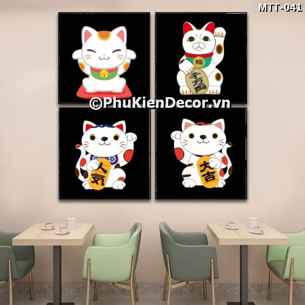 Tranh treo tường kiểu Nhật Bản hình ảnh những chú mèo thần tài dễ thương, mang tài lộc