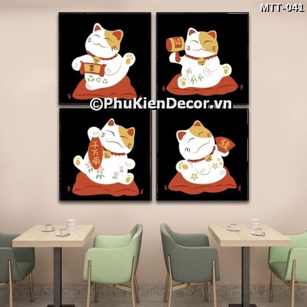 Tranh treo tường quán ăn - nhà hàng Nhật Bản chủ đề mèo thần tài vẫy tay dễ thương, mang tài lộc