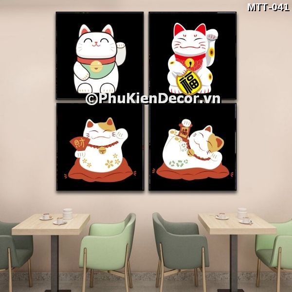 Tranh treo tường quán ăn - nhà hàng Nhật Bản chủ đề mèo thần tài vẫy tay dễ thương, mang tài lộc