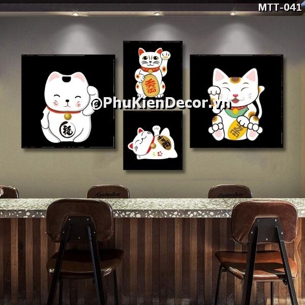 Tranh treo tường quán ăn - nhà hàng Nhật Bản chủ đề mèo thần tài vẫy tay dễ thương, mang tài lộc