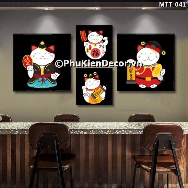 Tranh treo tường quán ăn - nhà hàng Nhật Bản chủ đề mèo thần tài vẫy tay dễ thương, mang tài lộc